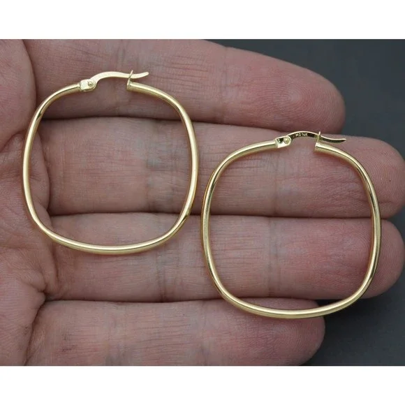 Real 14K Solid Yellow Gold 34.4mm Large Square Cut Shape Hoop Earrings 2.4gr